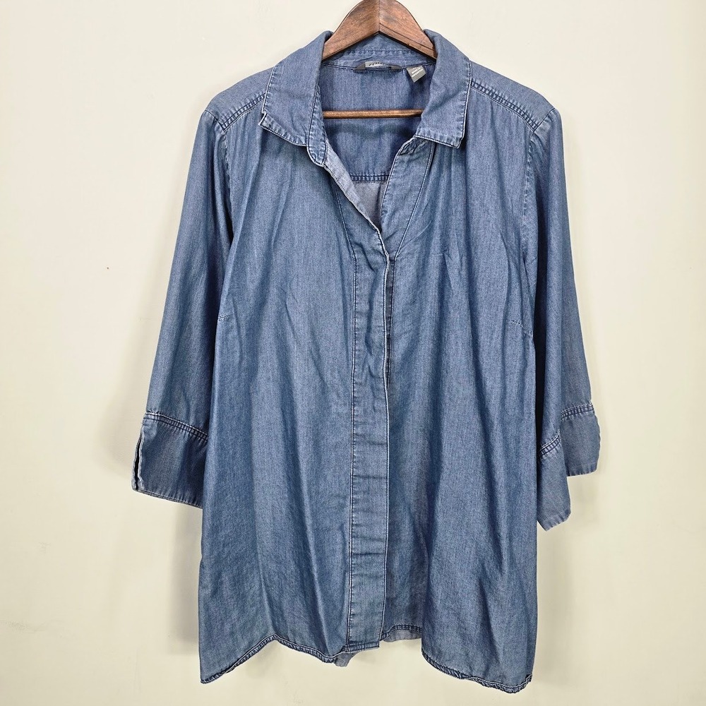Martha‎ Stewart Button Up Tunic Top 3X Blue Chambray 3/4 Sleeve Modest Career